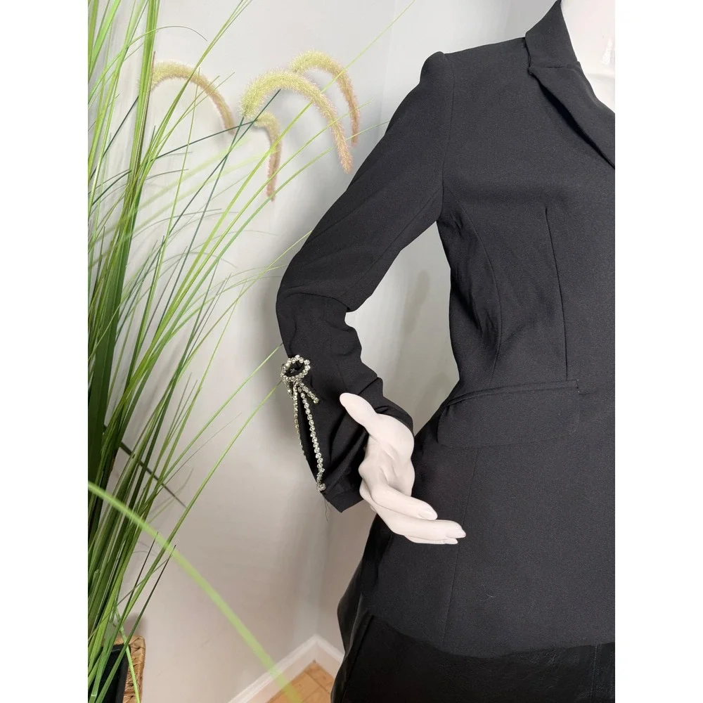 CeCe Rhinestone Bow Sleeve One-Button‎ Blazer Black Elegant Tailored Jacket 4